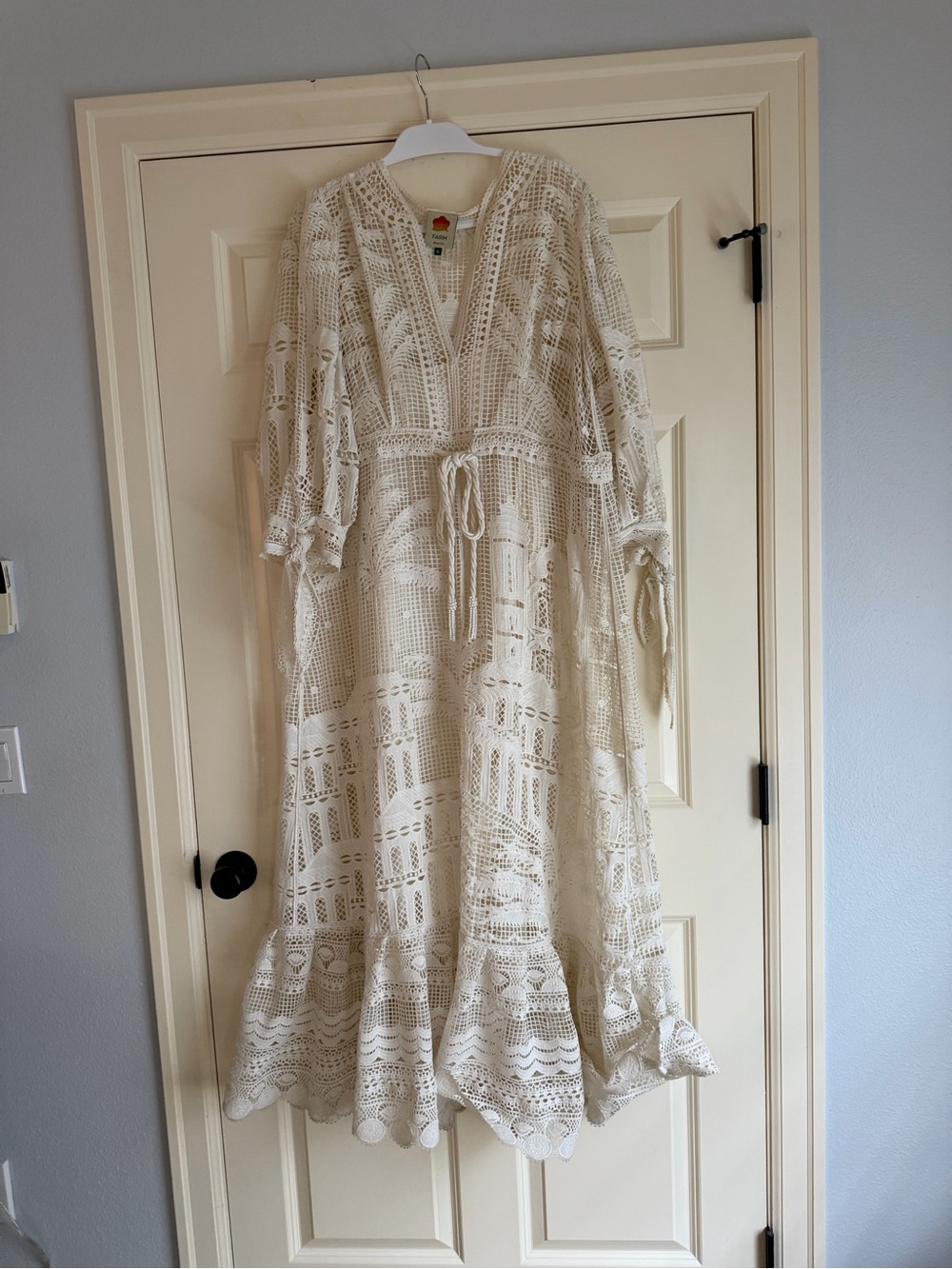 Farm Rio Cream Lace Morada Guipure Crochet Maxi Dress with Tie Waist - Picture 10 of 13